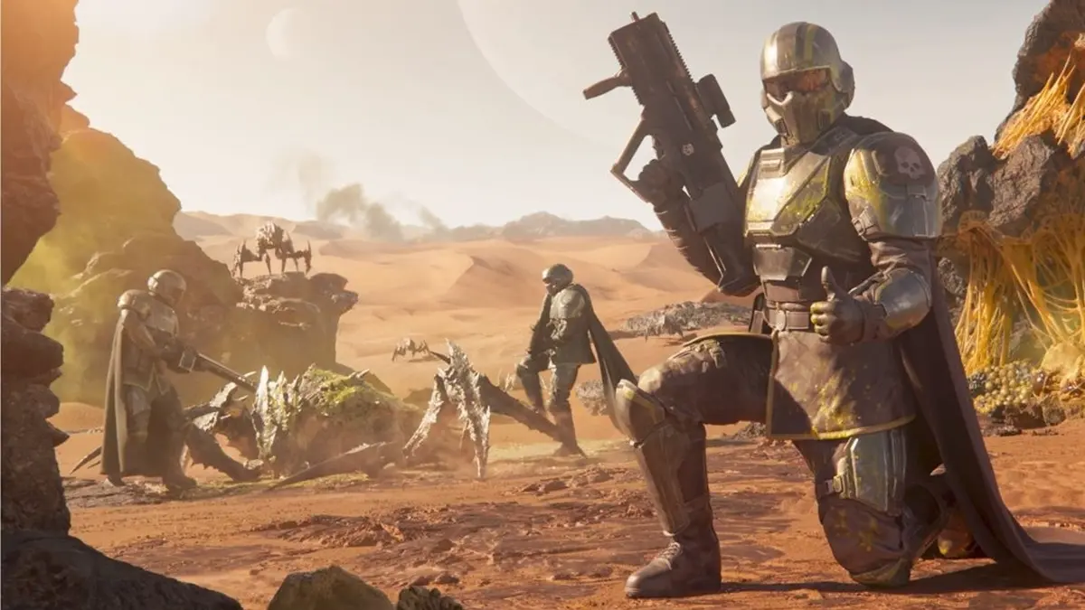 Armored soldiers battle alien creatures in desert landscape