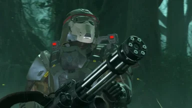 Armored soldier aiming heavy machine gun in forest