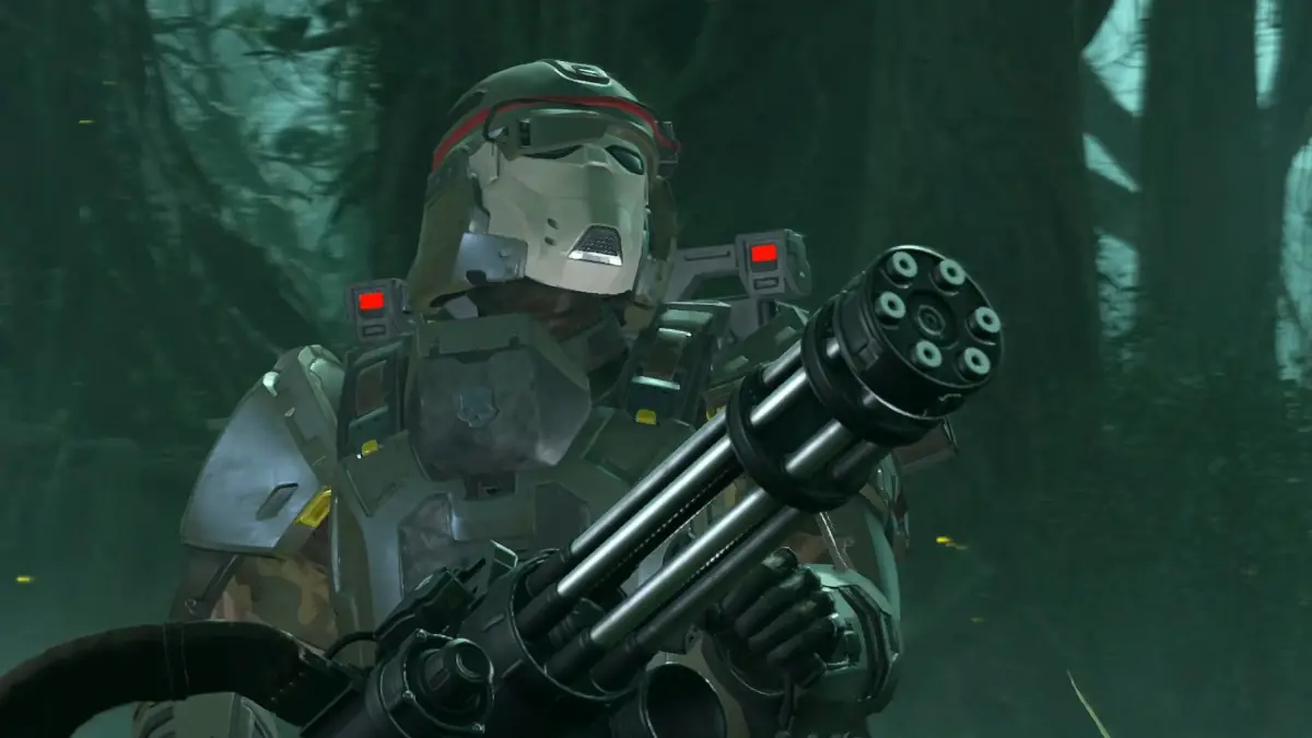 Armored soldier aiming heavy machine gun in forest