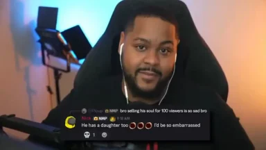 Man streaming with chat messages on screen