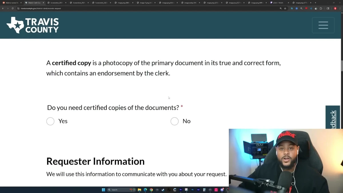 Travis County certified document request form webpage