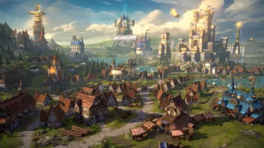 Fantasy medieval city with castles and village houses