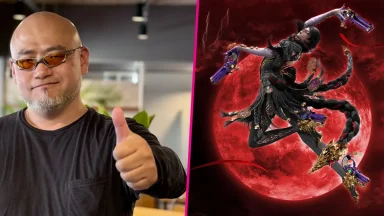 Man thumbs up, character jumping with guns and moon
