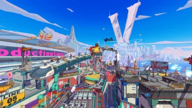 Character exploring colorful futuristic city skyline
