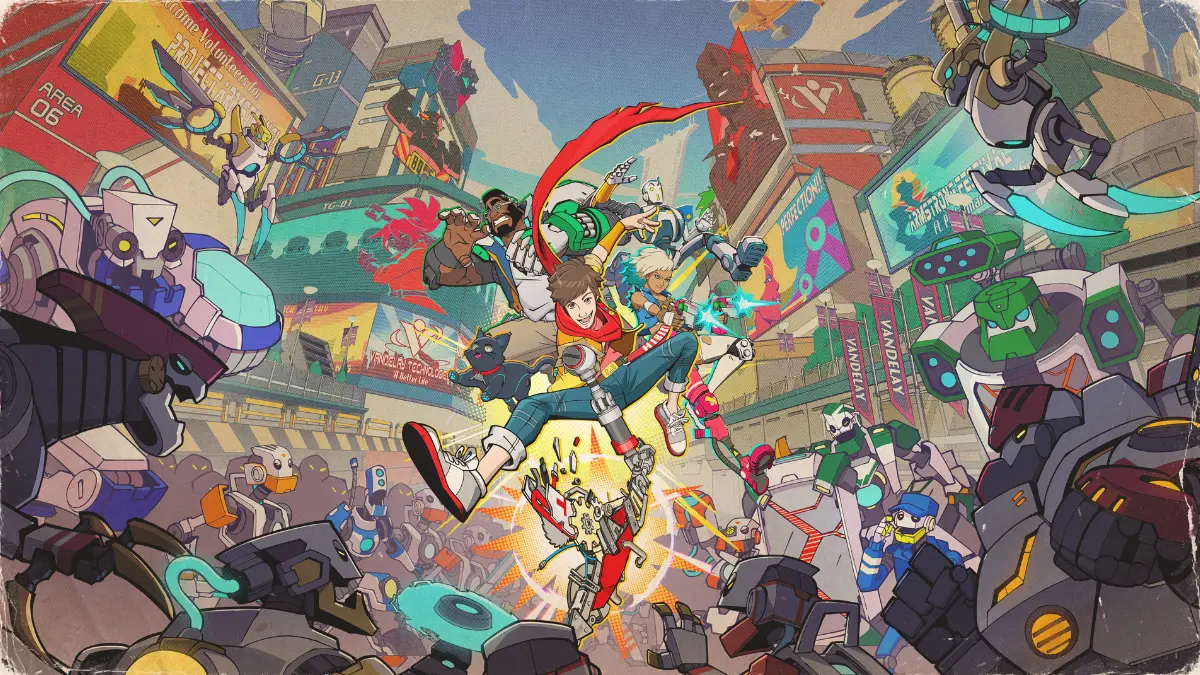 Colorful heroes fight robots in futuristic city.