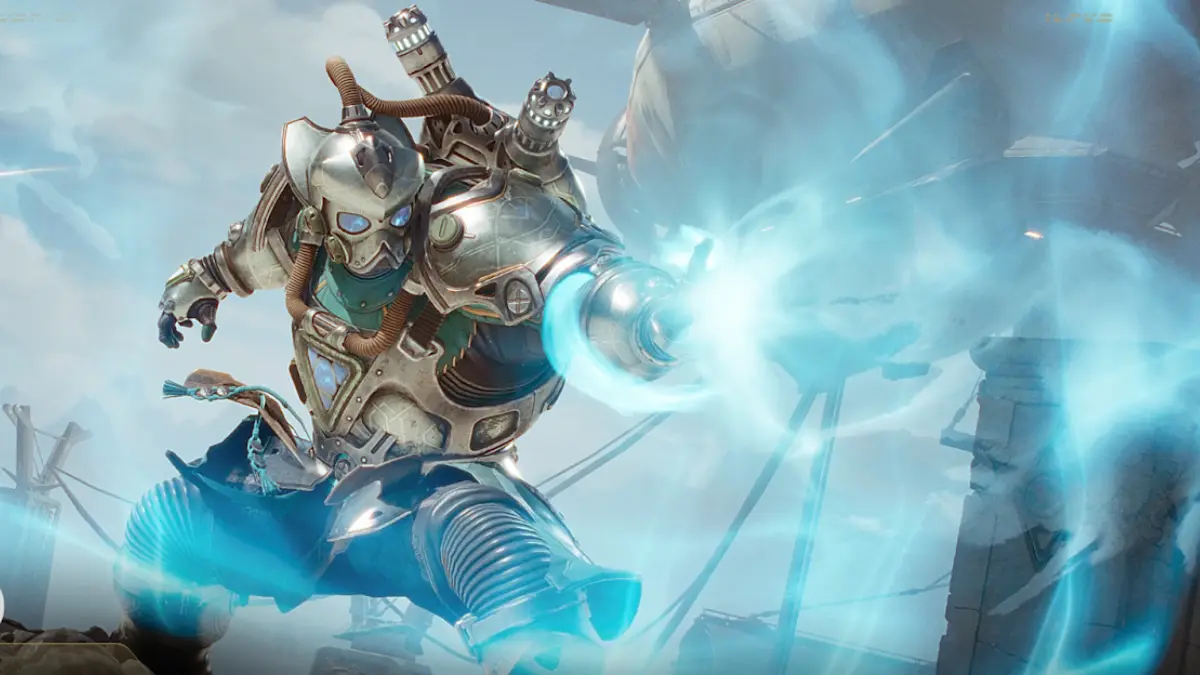 Futuristic armored warrior firing blue energy blast