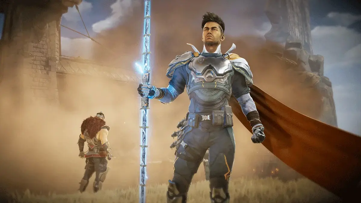 Heroic warrior holding glowing staff in battle scene