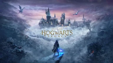 Hogwarts Legacy video game cover with castle view.