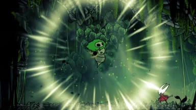 Hollow Knight character facing Hornet in forest scene.