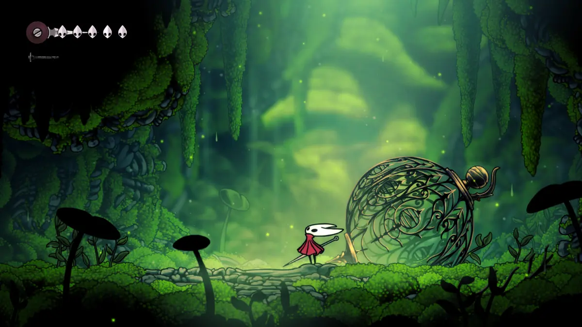 Cartoon character in lush, green forest scene.