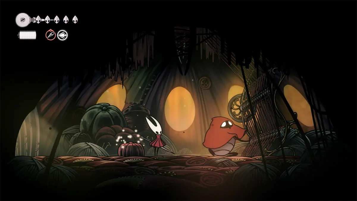 hollow knight silksong seamstress interior Game characters in cave with glowing lights.