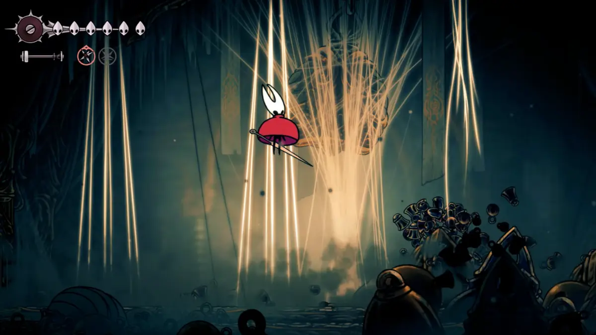Cartoon character jumps in dark, mysterious environment.