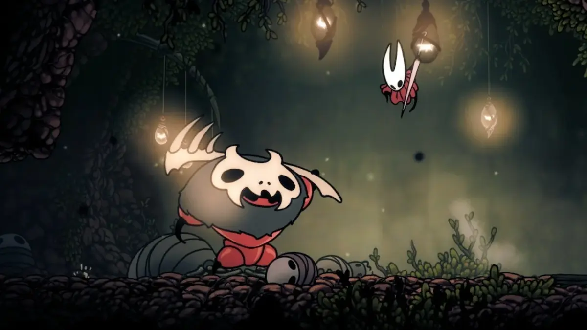 Hollow Knight characters in a dimly lit cave.