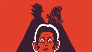Stylized man with horse and figure silhouettes