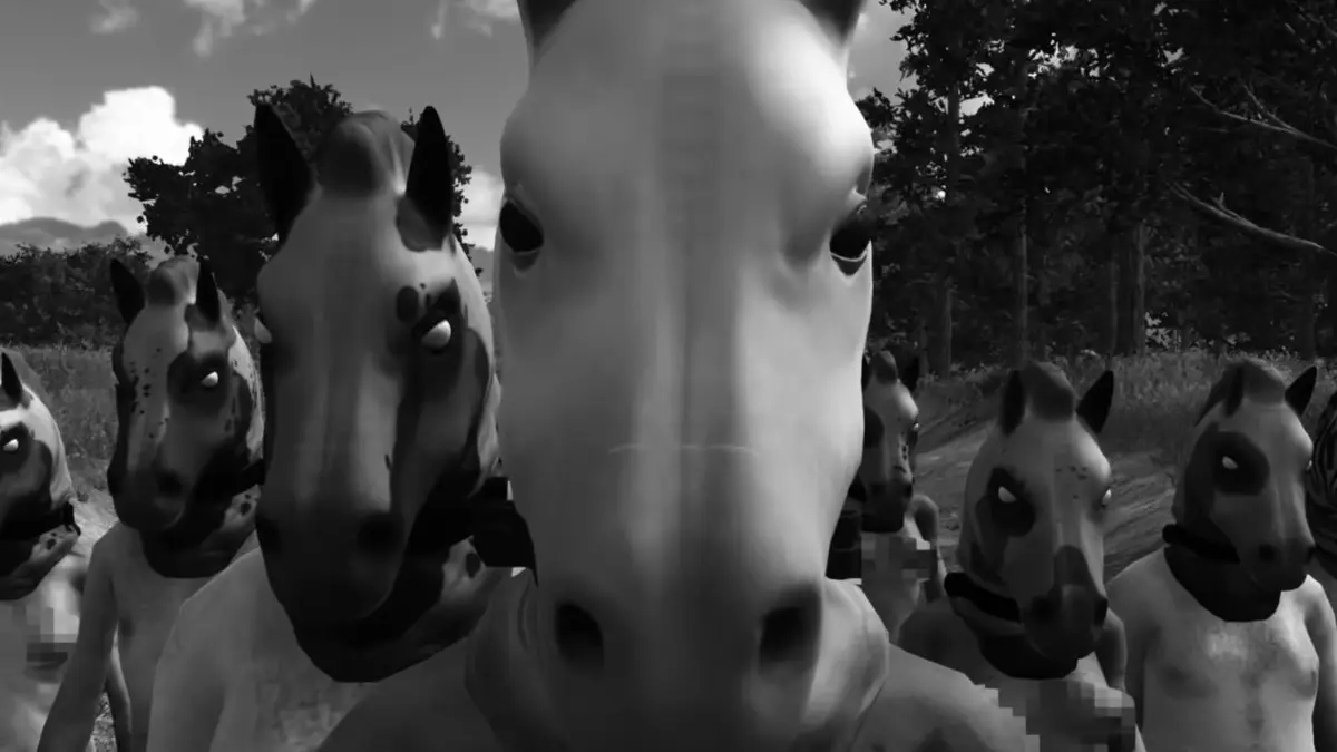 Group of eerie horse-headed figures in forest