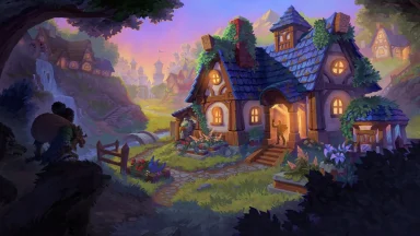 Fantasy village cottage with glowing lights at sunset