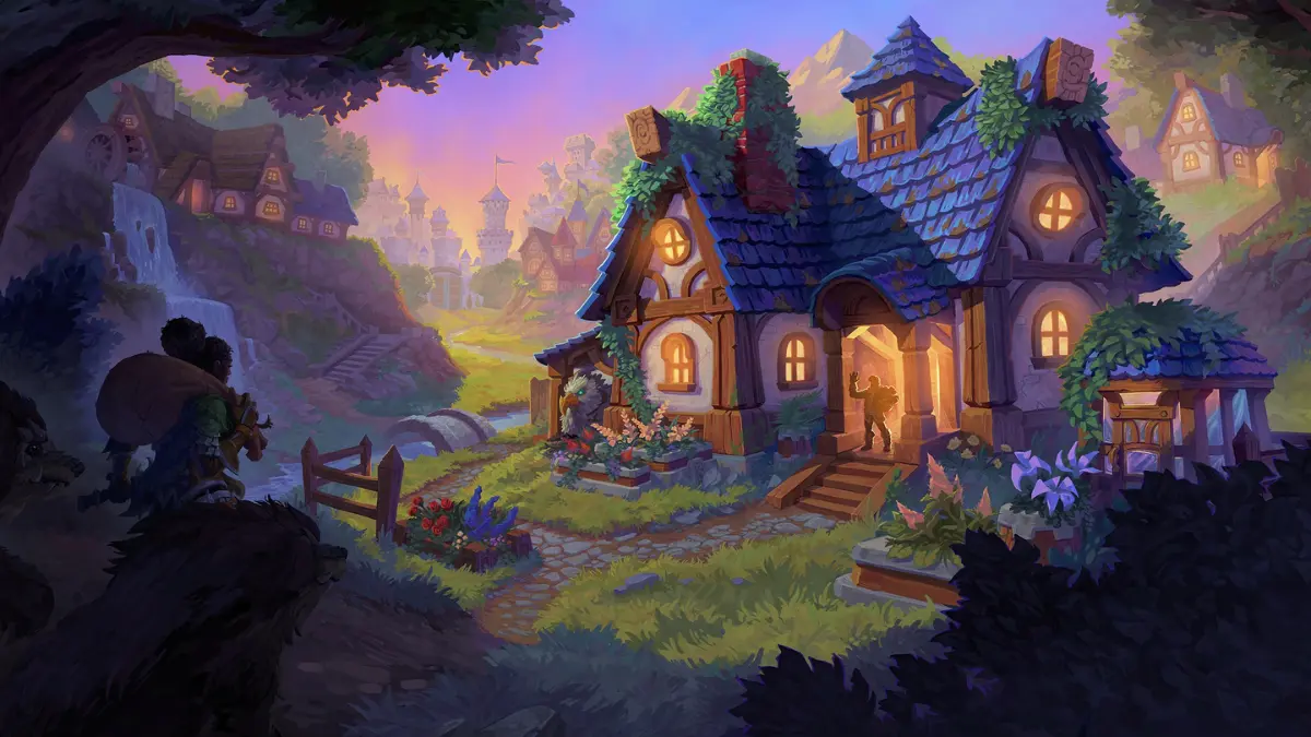 Fantasy village cottage with glowing lights at sunset