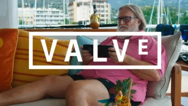 Person playing handheld console with Valve logo overlay