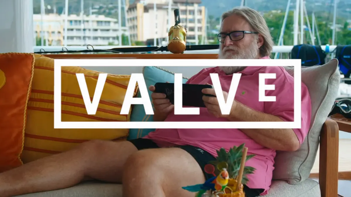 Person playing handheld console with Valve logo overlay