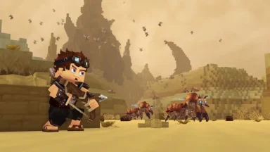 Pixelated character with crossbow in desert environment.