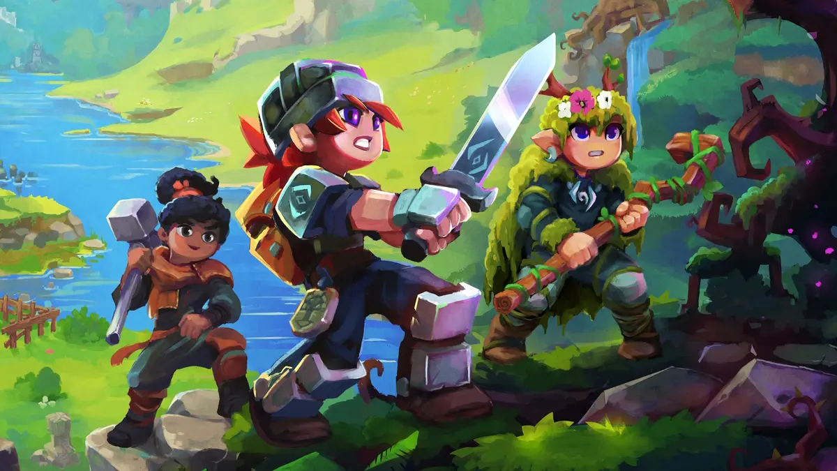 Three cartoon adventurers overlooking lush river valley