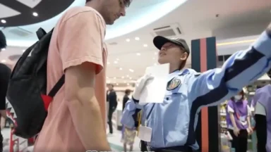 Security guard gestures beside shopper in busy mall