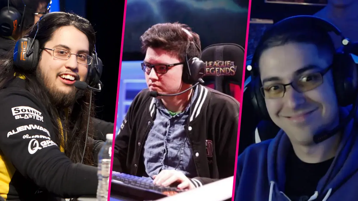 Three esports players wearing headsets at gaming setups