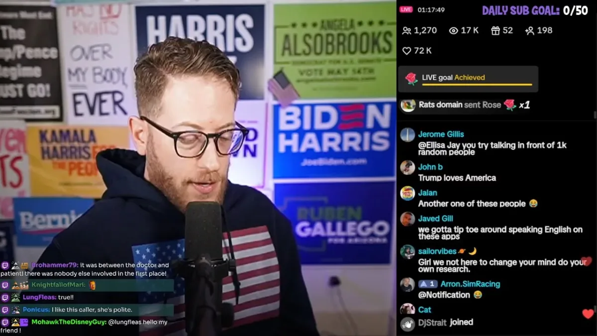 Streamer discusses politics with live chat interaction.