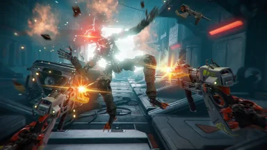 Futuristic robots battling in a high-tech environment.