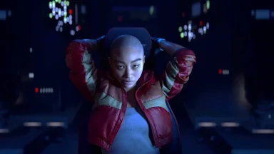 Character relaxing in a futuristic control room