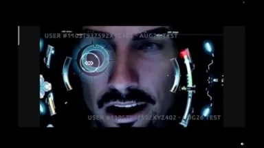Tony Stark’s face reflected in futuristic helmet interface