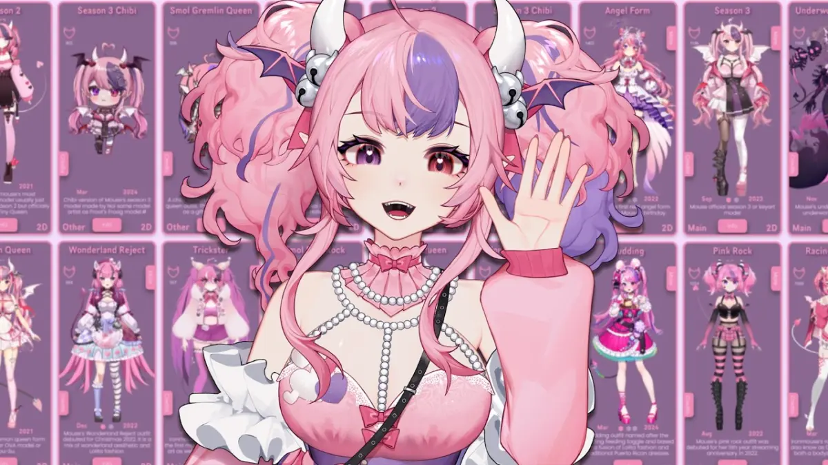 Anime character with pink hair and multiple outfits.