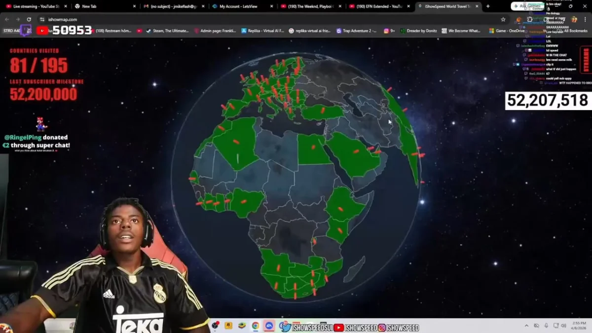 Streamer viewing world map with highlighted countries