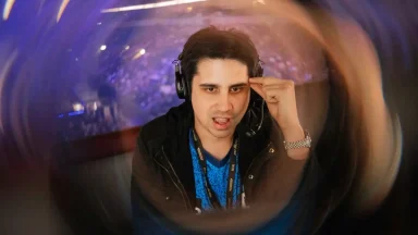 Esports commentator speaking with headset on.