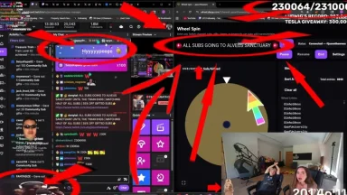 Streamer hosting Twitch giveaway with chat and wheel spin