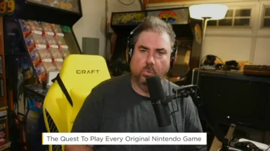 Man speaking into microphone in gaming room