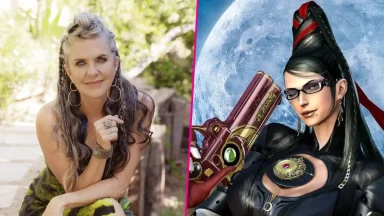 Woman beside Bayonetta video game character