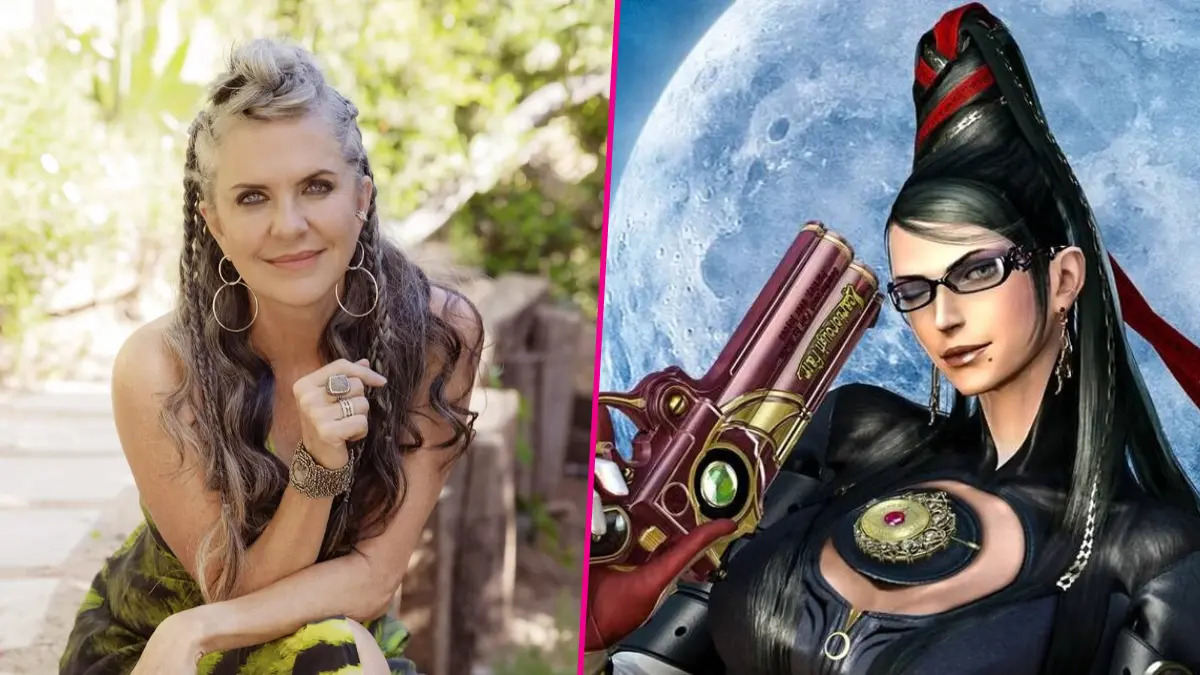 Woman beside Bayonetta video game character