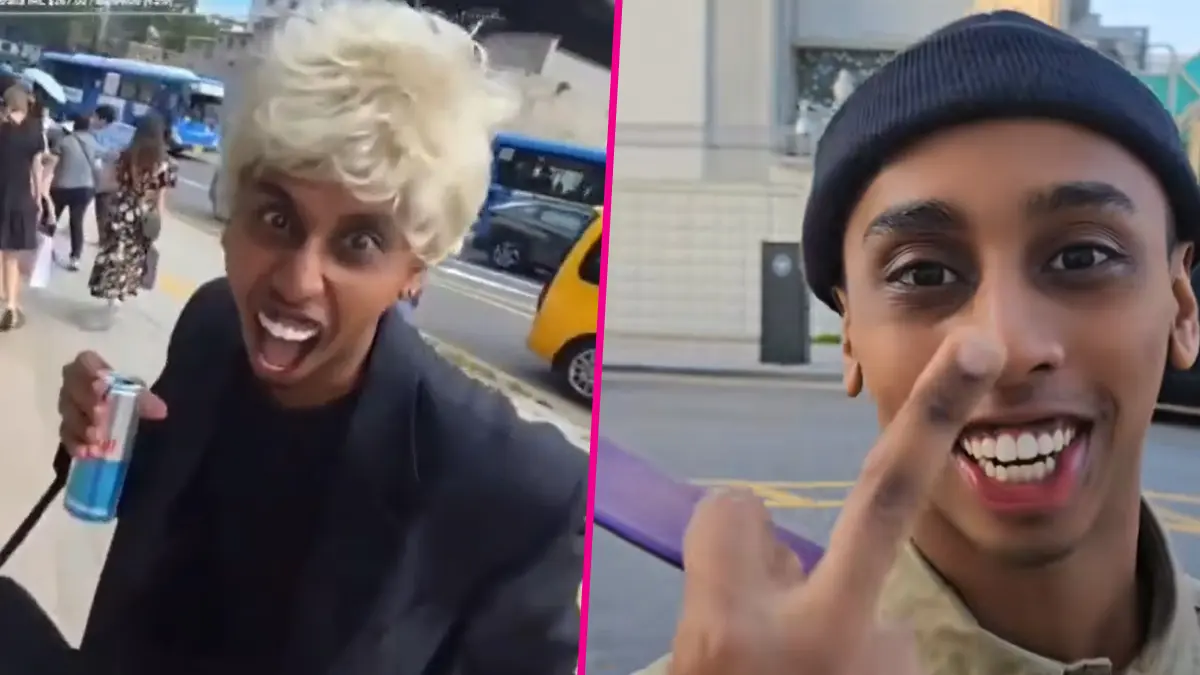 Person with blonde wig and outfit outside.