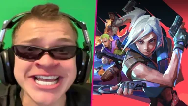 Streamer wearing headset beside Valorant game artwork