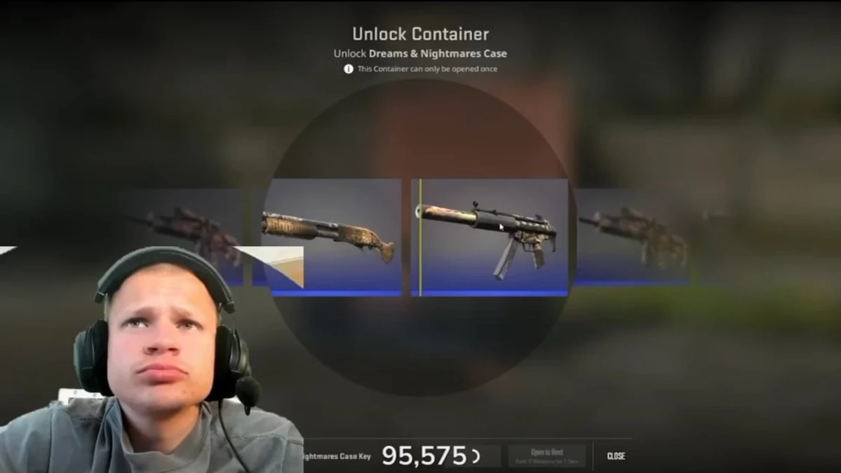 Gamer opening weapon case in shooter game