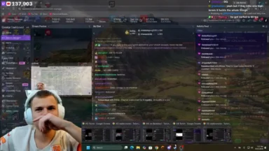 Streamer’s desktop shows Twitch dashboard, chat, and facecam.