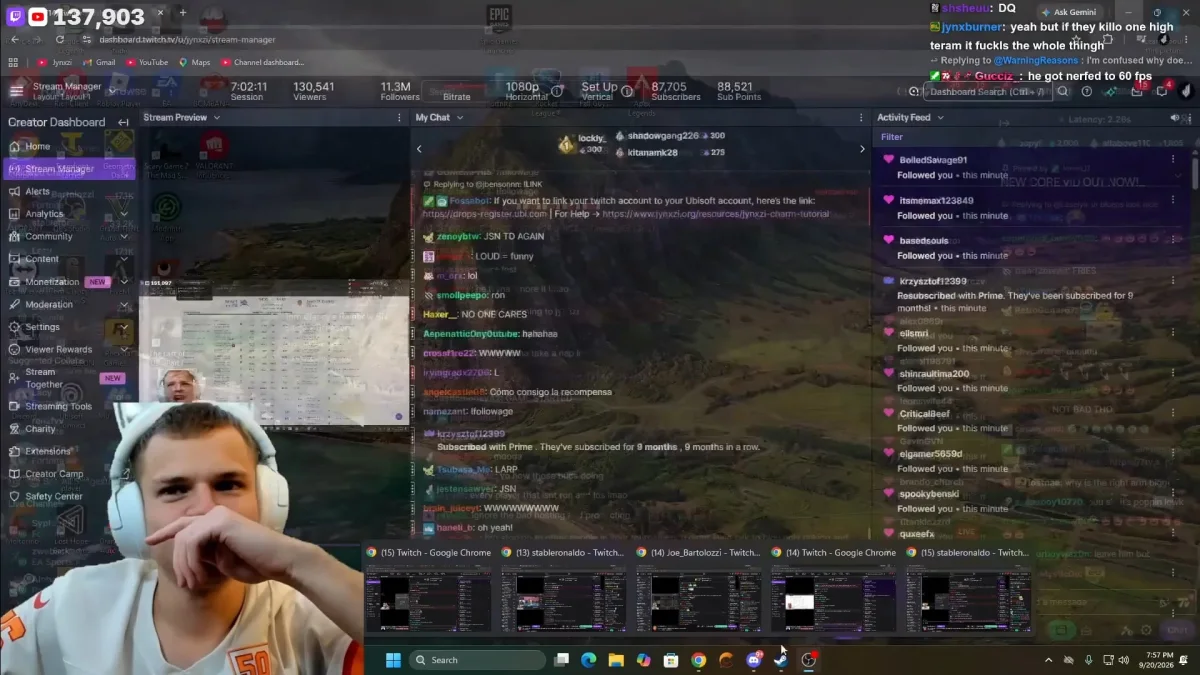 Streamer’s desktop shows Twitch dashboard, chat, and facecam.