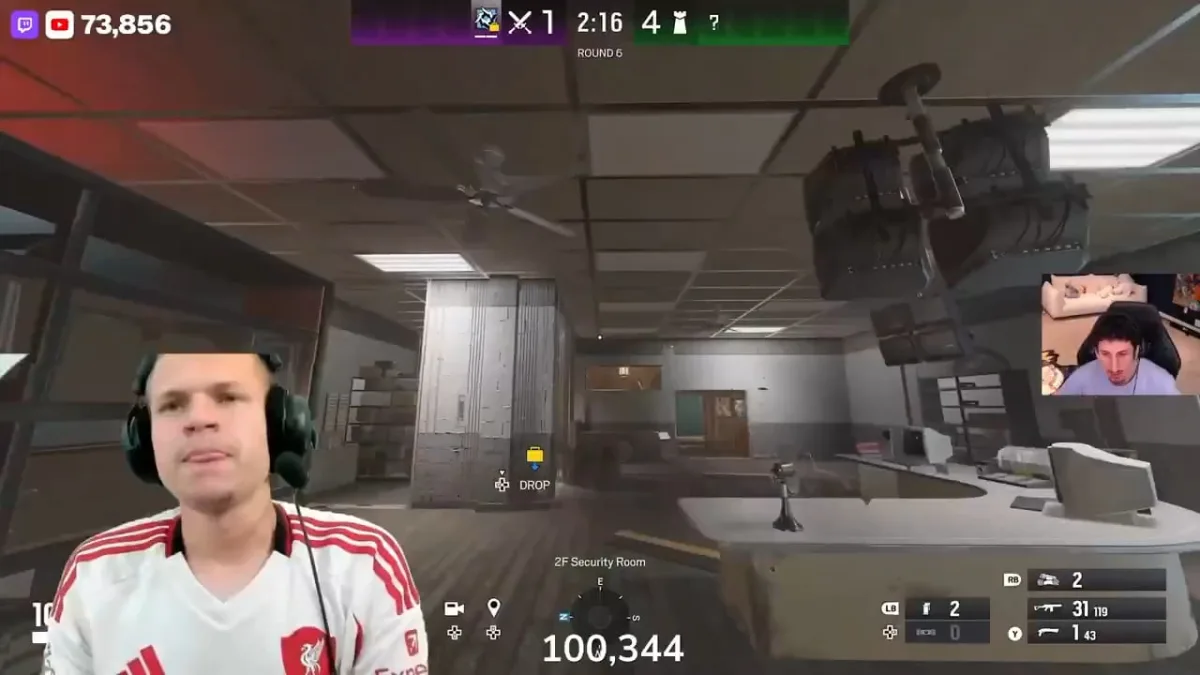 Gaming livestream with facecam and shooter gameplay HUD