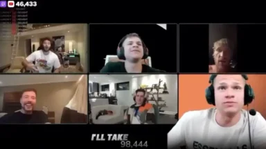 Six men in livestream video call grid