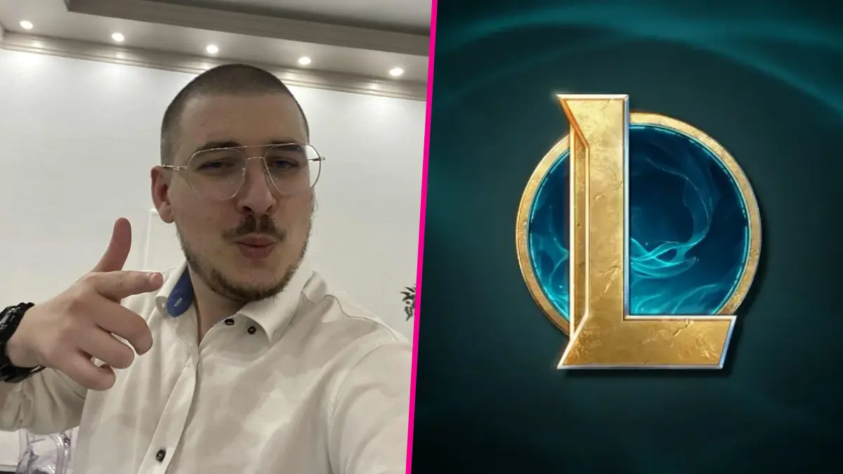 Person posing beside League of Legends logo