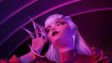 Purple-haired fantasy woman with metallic clawed gloves