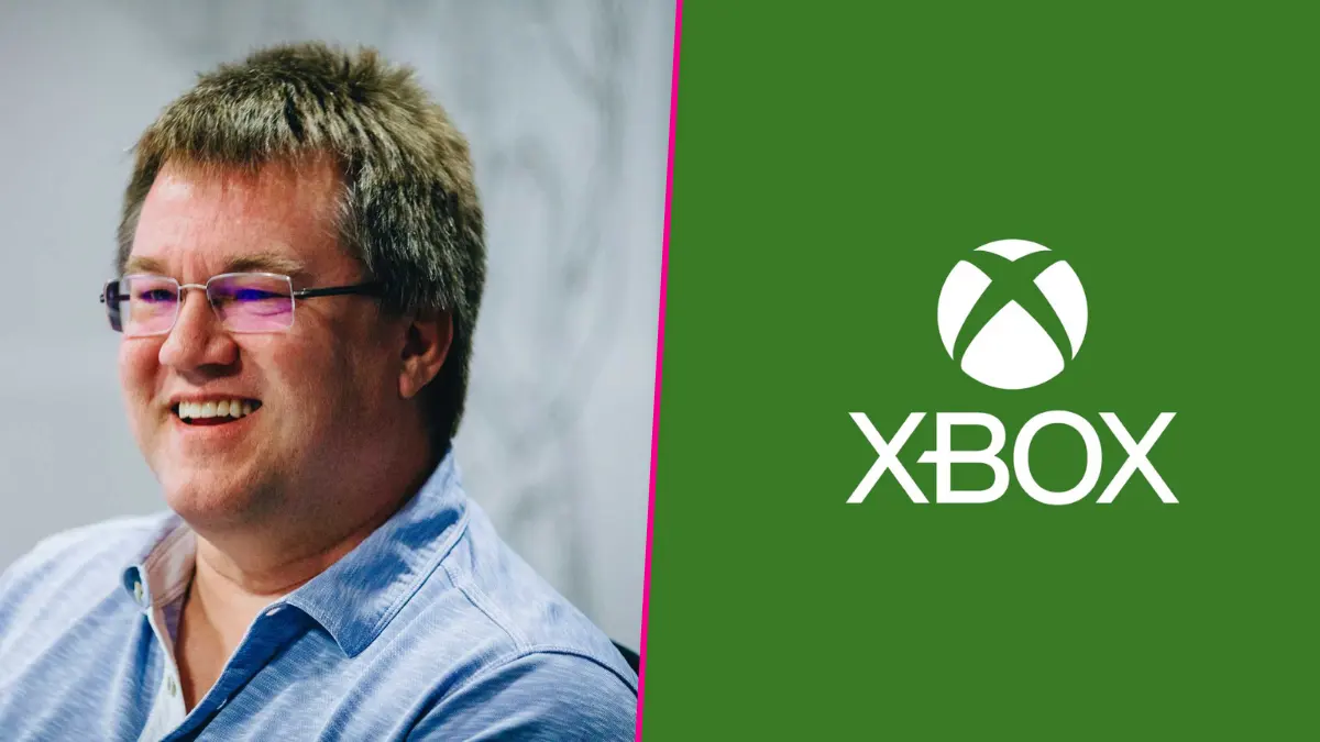 Smiling man beside Xbox logo on green background