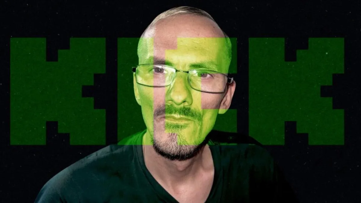 Man with glasses over green KICK text.