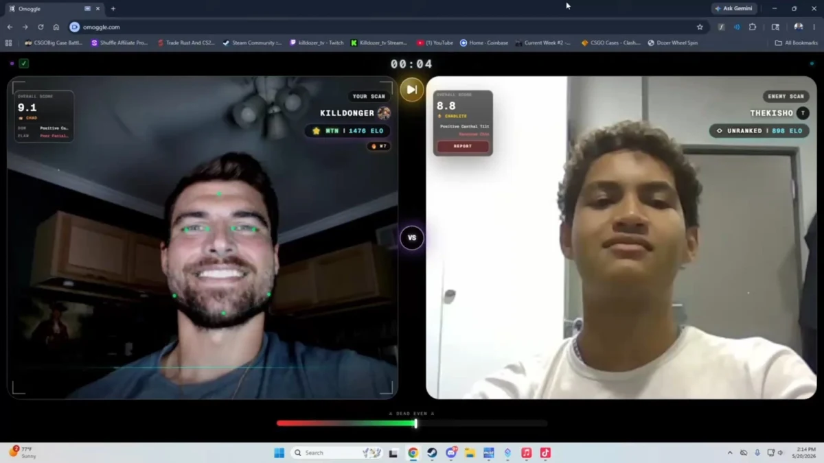 Split-screen video chat with facial scan scores overlay